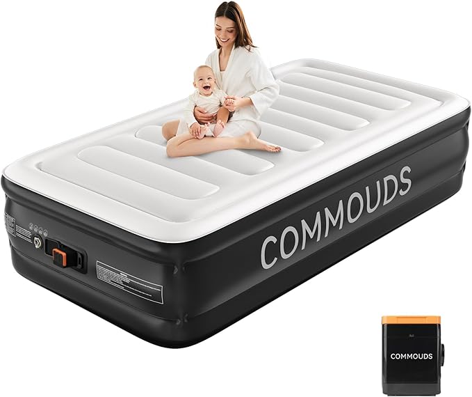 COMMOUDS Twin Air Mattress with Built-in Battery Powered Removable Pump, 18" High Inflatable Mattress, Portable Blow up Mattress, Air Bed for Camping, Home and Guest