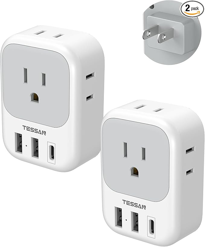 US to Japan Plug Adapter 2 Pack, TESSAN 2 Prong to 3 Prong Outlet Adapter with 4 Outlets 3 USB (1 USB-C), Outlet Adaptor US to Japan China Mexico Philippines Canada Peru Thailand Vietnam