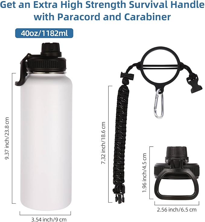 Volhoply Insulated Water Bottles Bulk 4 Pack,Not Suitable for Sublimation, 40 oz Stainless Steel Sports Bottle with Paracord Handle & Spout Lid, Double Walled Vacuum Metal Travel Flask(White,4 Set)