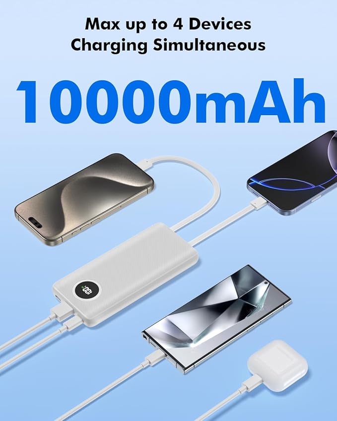 Portable Charger 10000mAh 22.5W PD/QC3.0 Fast Charging Power Bank with Built-in Lightning and Type-C Cables 5V-4.5A Slim for iPhone 16/15/14/13,Samsung,iPad,Tablets,Google Pixel,AirPods and More