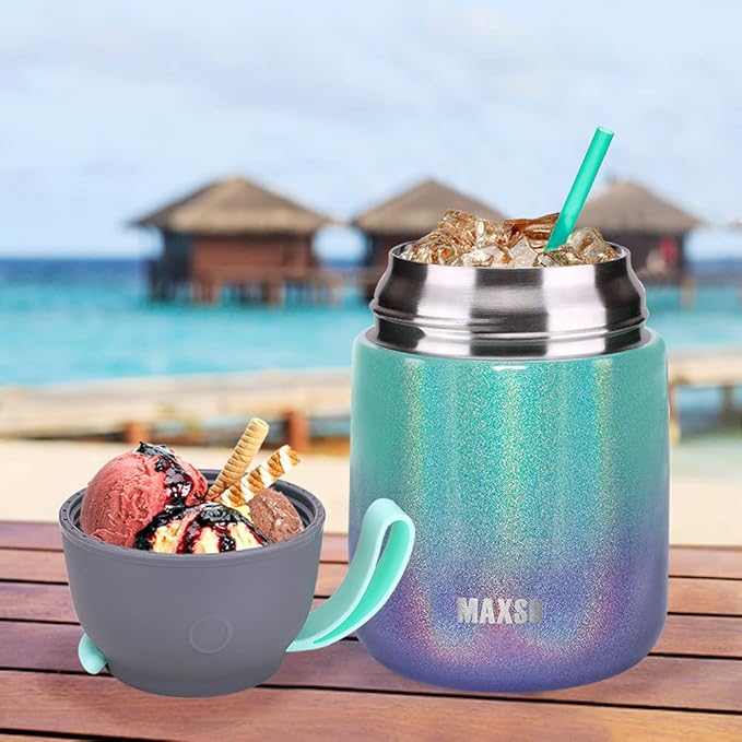 MAXSO Soup Thermo for Hot & Cold Food for Adults Kids, 17 oz Vacuum Insulated Steel Lunch Container Bento Box with Spoon, Leakproof Thermal Food Jar for School Office Travel - Rainbow