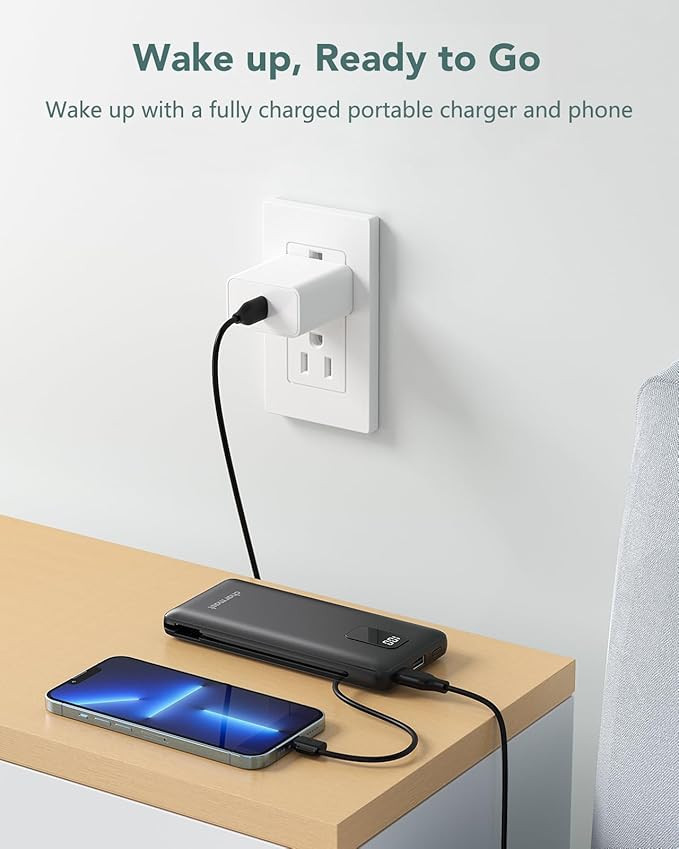 charmast Portable Charger with Built-in Cables & Wall Plug, 10000mAh Portable Power Bank, External Battery Pack Travel Essentials Compatible with iPhone 16/15/14/13, Samsung, iPad etc