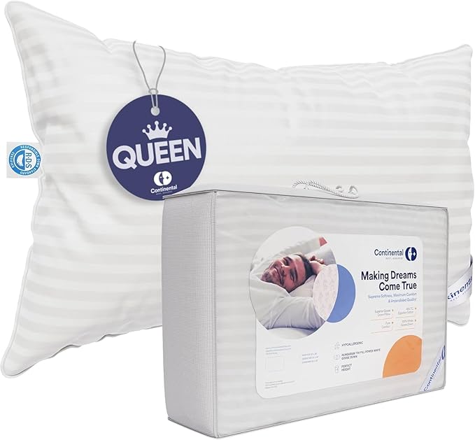 Continental Bedding Luxury Down Pillows Queen Size Pack of 1 - Family Made in New York - Cool Breathable Bed Pillows for Sleeping, Back, Side, Stomach Sleepers – 700 FP, Medium