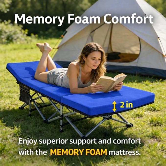 ABORON XXL Camping Cot with 2in Memory Foam Mattress, 900LBS Heavy Duty Sleeping Cot for Adults, Extra Wide Sleeping Cot, 1200D Double Layer Oxford Cot for Camping, Guest, Office Nap