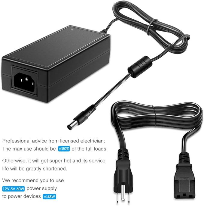 SHNITPWR 12V Power Supply 5A 60W AC to DC Converter Adapter 100~240V to 12 Volt 5 Amp Transformer LED Driver 5.5x2.5mm Plug for 5050 3528 LED Strip Light 3D Printer CCTV Camera LCD Monitor, Pack of 2