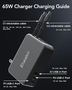 65W for MacBook Pro Charger,5-in-1 Retractable Wall Charger Plug for iPhone 17, Dual 3.94 ft PD USB C Cable&3 Ports, Fast Charging Block for Mac Book Pro/Air, M1 M2 M3 M4 M5, iPad Pro,Galaxy,Pixel