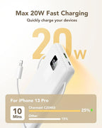 charmast 20000mAh Portable Charger with Built-in Cables & Wall Plug, 20W USB C Power Bank, Fast Charging Battery Pack Travel Essentials Compatible with iPhone 16/15/14 Series, Samsung, Google, iPad