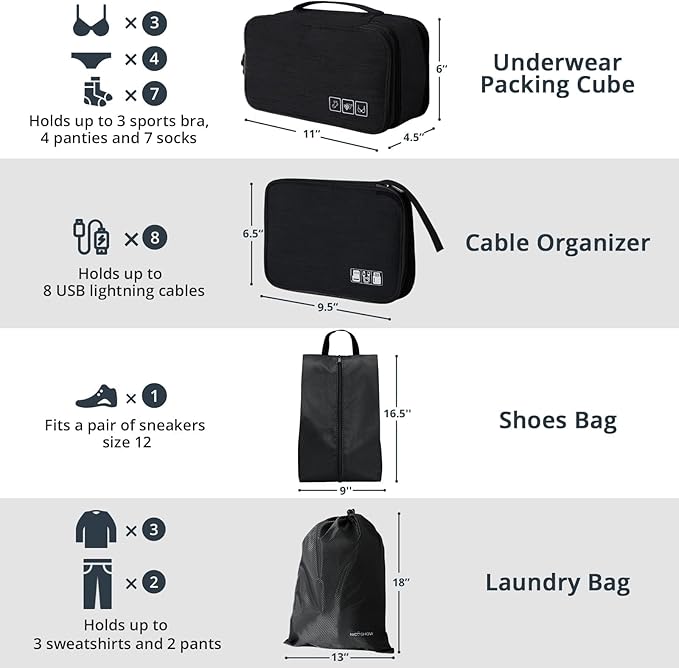 7 Set Compression Packing Cubes for Travel - Compressible, Lightweight, and Space-Saving Packing Cubes, Travel Essentials for Women, Black