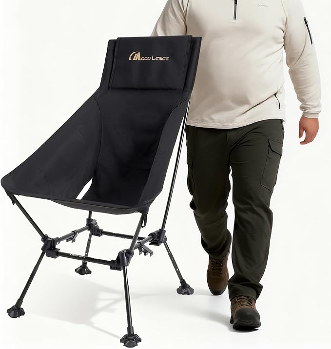 MOON LENCE Oversized Camping Chair for Adults, Height Adjustable High-Back Folding Camping Chair with 400 lbs Capacity, Hidden Pillow Pocket and Wide Seat for Camping, Hiking, Picnics, Black