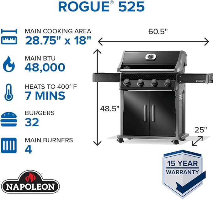 Napoleon Rogue 525 Natural Gas Grill, Black, Durable 4-Burner Cooking Surface