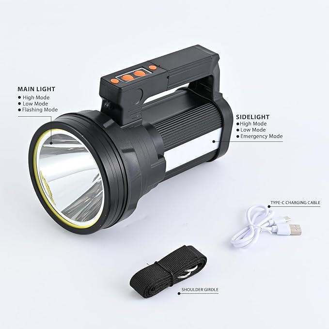 Rechargeable Spotlight Flashlight 15000 Lumen Handheld Spotlight 10800mah LED Big Searchlight Twin Side Flood Light for During Hurricane Emergency Outages Hunting Hiking Boating Camping Lantern