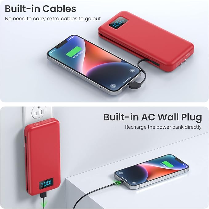 Portable Charger with Built-in Cables & AC Wall Plug,Ultra Slim 13800mAh USB-C Power Bank, 4 Output 2 Input LCD Display External Battery Pack Phone Charger Compatible with iPhone Samsung Android -Red
