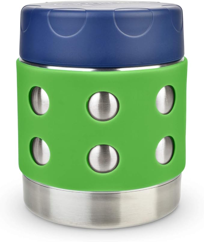 LunchBots Thermal 8 oz Triple Insulated Thermo - Hot 6 Hours or Cold 12 Hours - Leak Proof Thermo Soup Jar - All Stainless Interior - Navy Lid - Green Dots