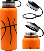 40 oz Basketball Water Bottle, Sports Flask Metal Thermal Travel Mug with 2 Lids, Stainless Steel Double Wall Vacuum Insulated Leak Proof Water Jug, Basketball Accessories Stuff Gifts for Boys Girls