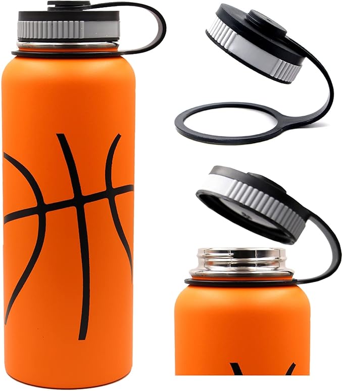 40 oz Basketball Water Bottle, Sports Flask Metal Thermal Travel Mug with 2 Lids, Stainless Steel Double Wall Vacuum Insulated Leak Proof Water Jug, Basketball Accessories Stuff Gifts for Boys Girls