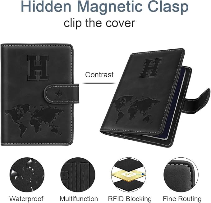 Passport Holder Wallet Cover Personalized Letter A-Z Travel Wallet RFID Blocking Passport Cover Wallet Case for Travel Passport Book Holders for Women and Men, Black-H