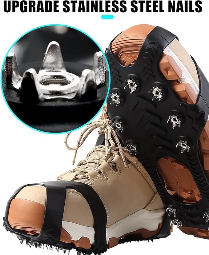 11 Spikes Crampons, Upgraded Version Stainless Steel Anti-Slip, Ice Cleats Grips for Hiking Shoes and Boots, Hiking Fishing Walking Mountaineering