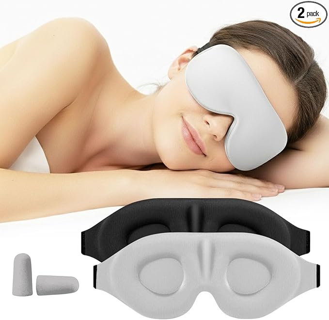 Luxury Sleep Mask – Pack of 2 Ultra-Soft Silk Eye Covers with Adjustable Strap & Soft Ear Loops, 3D Contoured Light Blocking Sleeping Mask for Travel, Naps & Relaxation(Black & Gray)
