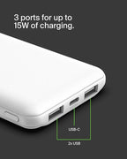Belkin Portable Charger, USB-C Power Bank 10000 mAh w/ 1xUSB-C Port & 2xUSB-A Ports, 15W w/Type-C to Type-A Cable for iPhone 17, Samsung Galaxy S25, Nintendo Switch 2, Google Pixel 10, etc. - White