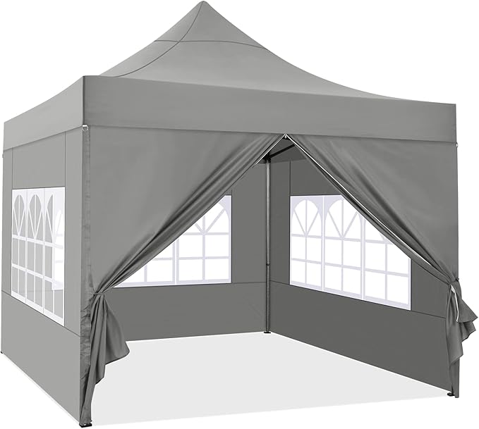COBIZI 10x10 Pop up Canopy Tent with 4 Sidewalls, Waterproof Heavy Duty Commercial Canopy for Parties, Outdoor Tent, Garden Gazebo, Carry Bag with Wheel (10x10ft, Gray)