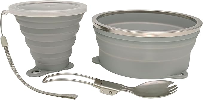 Mess Kit for Camping Silicone Collapsible Bowl Collapsible Cup and Stainless Steel Spoon for Backpacking Outdoor Hiking Traveling and Picnic
