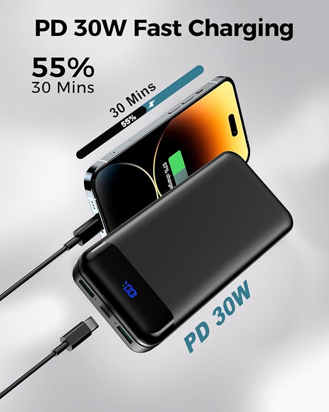 Portable Charger Power Bank 40000mAh Powerbank PD 30W and QC 4.0 Fast Charging External Battery Pack with USB-C LED 3 Outputs & 2 Inputs Portable Charging for iPhone 15 14 13 pro, Samsung