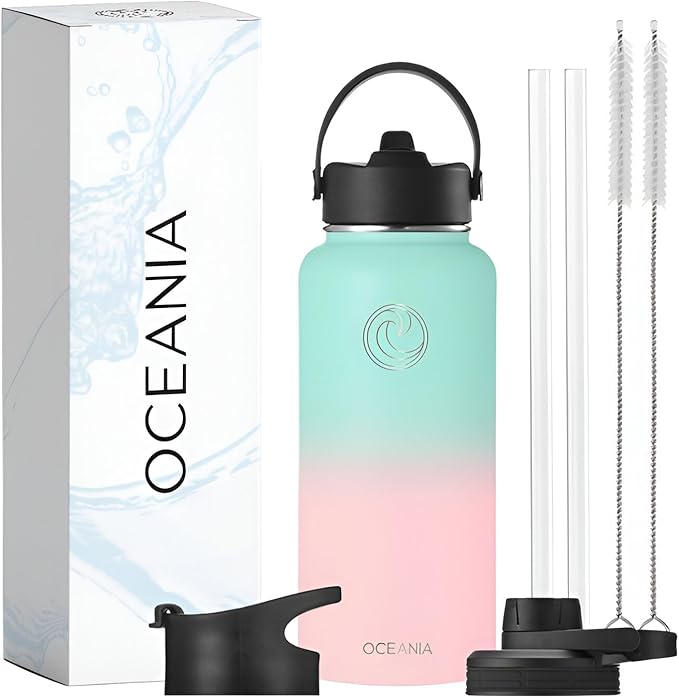 Oceania Flask 32oz Stainless Steel Water Bottle | Modern, Leakproof, Hydro BPA-Free, Insulated Water Bottle with 3 Lids, 3 Straws & 2 Straw Cleaning Brushes | Simple Camping & Hiking Water Bottles