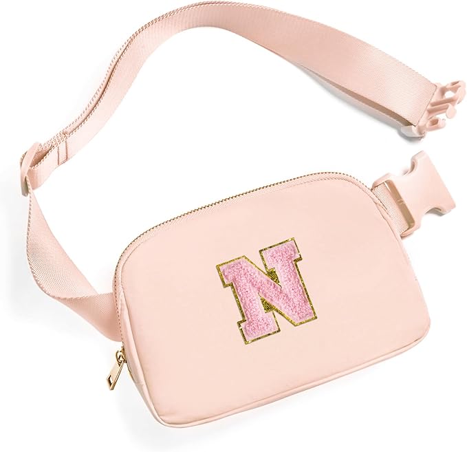 Gitus 6 7 8 9 10 Year Old Girl Gifts Belt Bag Fanny Pack Crossbody Bags with Initial Letter Patch Things for Teen Girls Easter Gifts for Girls Travel Essentials（Coral Pink-N）