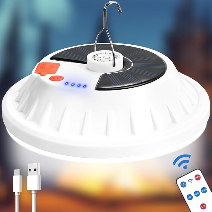 Solar Camping Light with Remote 6000LM, Rechargeable Hanging Light Portable LED for Home, Tent Canopy Lights Solar Camping Lanterns for Power Outages, Emergency, Hurricane