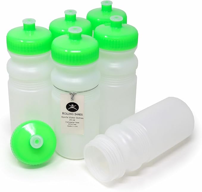 Rolling Sands USA Made 20 Ounce Sports Water Bottles - 6-Pack BPA-Free Blank Sports Bottles for Small Teams, Adults & Kids - Clear Frost Bottle/Neon Lime Green Lid, No Smell No Taste