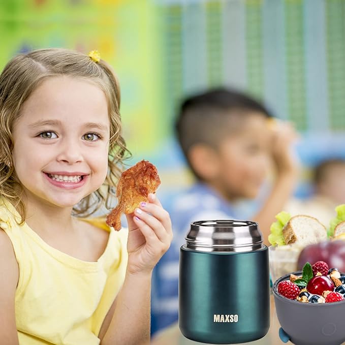 MAXSO Soup Thermo for Hot & Cold Food for Adults Kids, 17 oz Vacuum Insulated Steel Lunch Container Bento Box with Spoon, Leakproof Thermal Food Jar for School Office Travel - Green