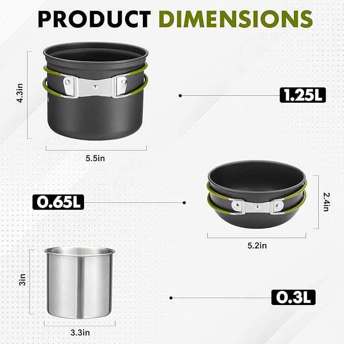 Camping Cookware Kit Backpacking, 0.33Gal Pots and 0.17Gal Pans Set,0.08Gal SUS304 Cup, Forks Knives Spoons for Hiking,Camping,Outdoor Cooking,Picnic,Solo Camping cookware
