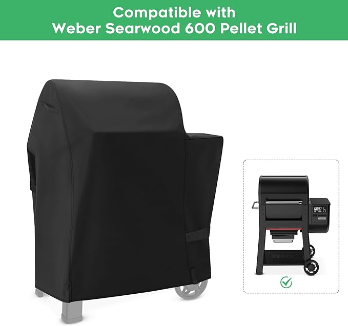 Heavy-Duty 600D BBQ Grill Cover Compatible with Weber Searwood 600 Pellet Grill, 3400145 Weber Searwood 600 Cover, Black