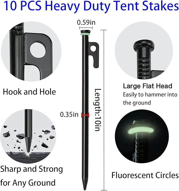 10 Pcs Heavy Duty Tent Stakes and Camping Hammer Set,10in Metal Tent Stake for Lawn,Ground and Beach,Camping Tent Kit with Tent Stakes,Hammer, Reflective Rope,Tent Clamps and Storage Bag