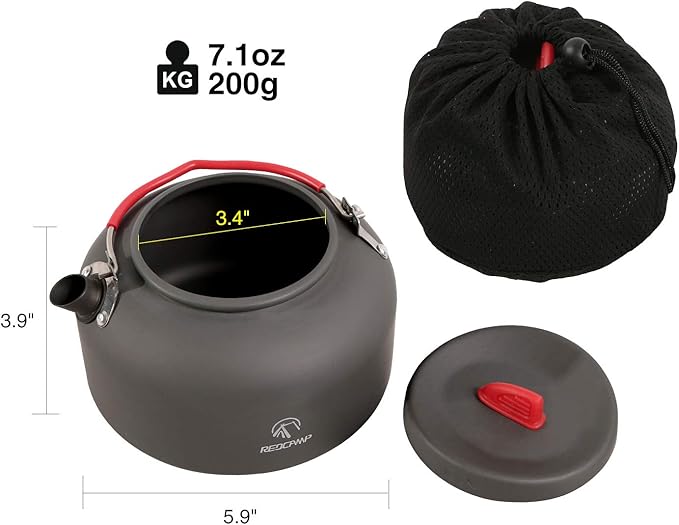 REDCAMP 1.4L Medium Outdoor Camping Kettle, Aluminum Water Pot with Carrying Bag, Compact Lightweight Tea Kettle