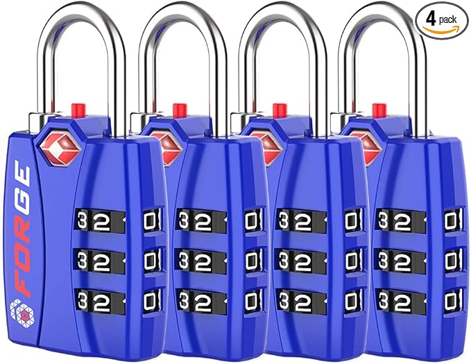 Forge Open Alert TSA Approved Luggage Locks - 3 Digit Combination, Easy Read Dials, Zinc Alloy Body - Ideal Travel Lock for Luggage, Suitcases, Bags & Toolboxes (Blue 4Pk)