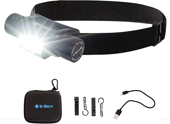 K-Bern Rechargeable Headlamp - 1850 Lumen, Ultra Bright Head Lights for Forehead. Waterproof, Lightweight, Aluminum, UL Listed 3500mAh Battery, Perfect for Dog Walking, Camping, Hiking & Hard Hats