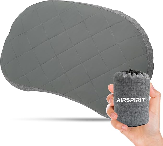AIRSPIRIT Ultralight Camping Pillow Inflatable with Removable Washable Cover, Compact Travel Pillow for Neck Support, Hiking, Backpacking, Office, Airplane, Car & Beach - Adjustable Firmness(Grey)