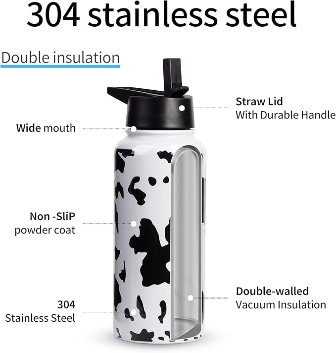 32oz Cow Print Vacuum Insulated Stainless Steel Water Bottles with Straw & Spout Lids, Double Wall Sport Bottle, Sweat-Proof BPA Free, Canteen Metal Thermo Mug Hydro Jug, Cow Print Stuff Gifts