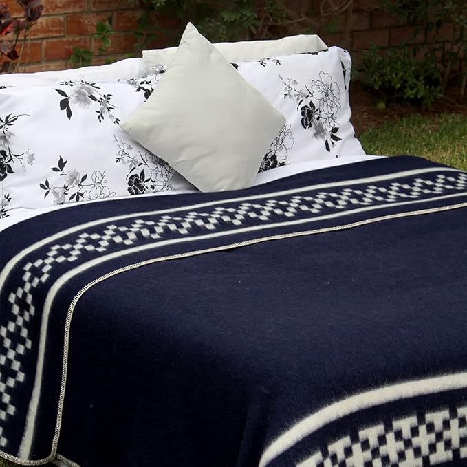 Inca Wall - Thick Alpaca Wool Blanket Heavyweight Camping Outdoors Indoors Soft Peru Queen Size New Ethnic Design (Navy Blue/Ivory, Queen Size)