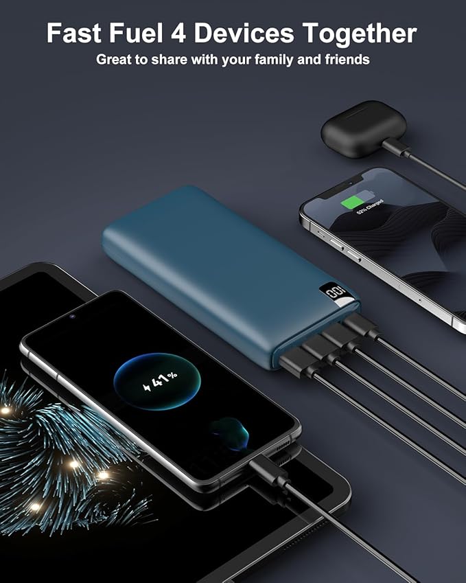 IXNINE Power Bank 26800mAh Portable Charger, 22.5W Fast Charging PD QC 3.0 Compact External Battery Pack with LED Display and 4 USB Outputs for Cellphone Tablet (Blue)