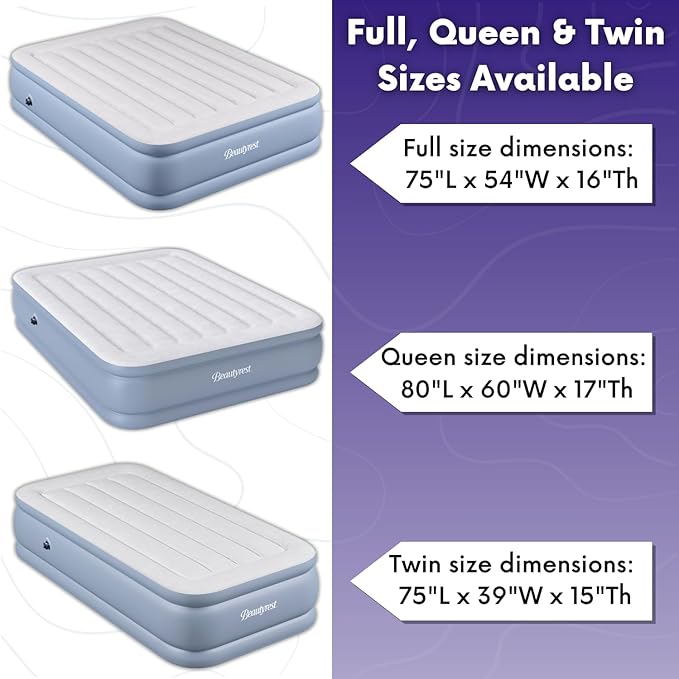 Beautyrest Hi-Loft Queen Size Air Mattress with Vertical Beam Construction, Edge Support, External Pump and Puncture Resistant Vinyl for Guests and Camping