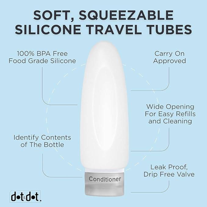 Dot&Dot Leak Proof Travel Bottles - Tubes for Liquid TSA Approved 3oz 10pc Silicone Toiletries Travel Shampoo & Conditioner Containers with Labels
