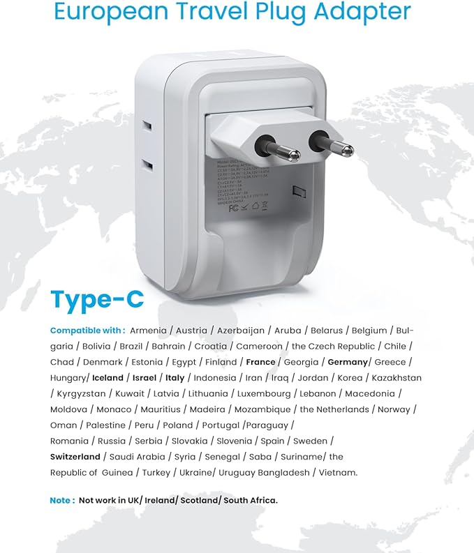2 Pack European Travel Plug Adapter, VINTAR PD 20W Foldable Adapter for Europe Plug with 4 AC Outlets 3 USB Ports(2 USB C), Type C Adapter for US to Most of Europe EU Spain France Italy