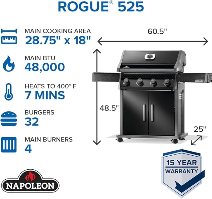 Napoleon Rogue 525 Propane Gas Grill, Black, Stainless Steel Grids, Durable 4-Burner Grill