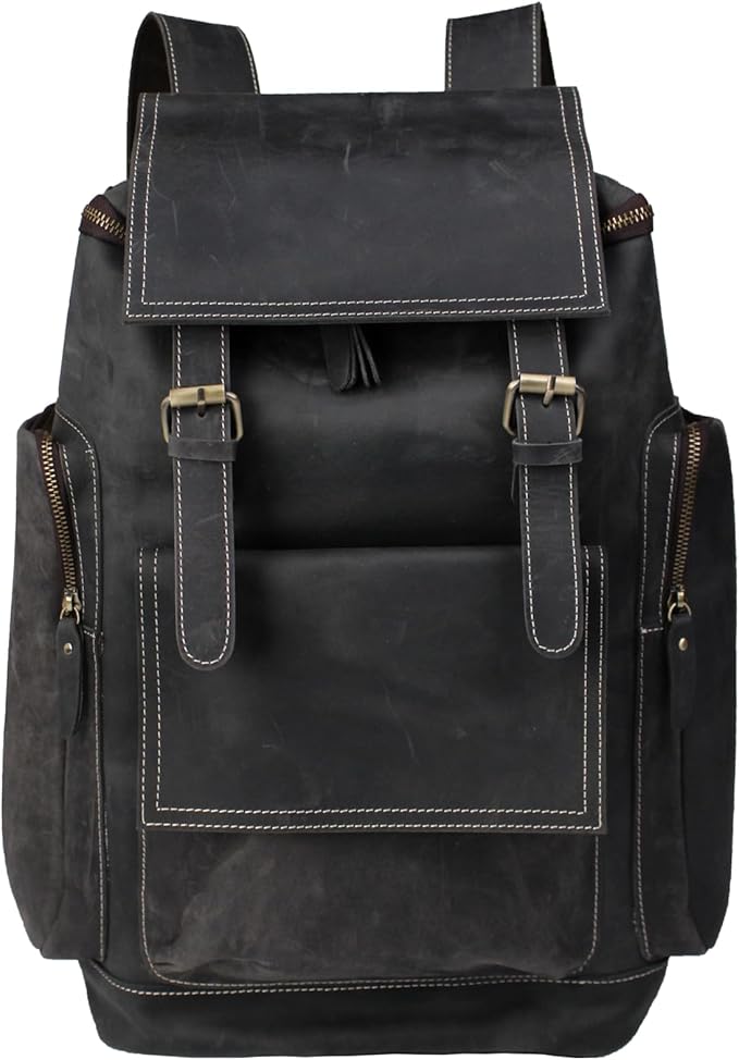 Genuine Crazy Horse Leather Backpack - Vintage Bag with Anti-Theft Design, Fits 16 Inch Laptop(5098-Gray)