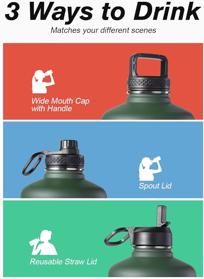 Coolflask 128 oz Gallon Water Bottle Insulated with Straw&3 Lids, Water Jug Large Stainless Steel Metal Vacuum Wide Mouth for Sports, Gym or Office, Non-BPA Keep Cold 48H Hot 24H, Dark Green