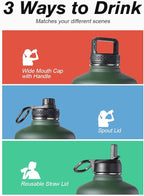 Coolflask 128 oz Gallon Water Bottle Insulated with Straw&3 Lids, Water Jug Large Stainless Steel Metal Vacuum Wide Mouth for Sports, Gym or Office, Non-BPA Keep Cold 48H Hot 24H, Dark Green