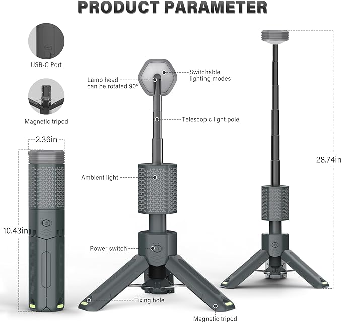 Telescopic Camping Light - 10500mAh Rechargeable Camping Lantern with Storage Bag, Dimmable Magnetic Tent Lamp, Waterproof Camp Light Outdoor Work Emergency Lights for Home Power Outage, Hiking -Gray