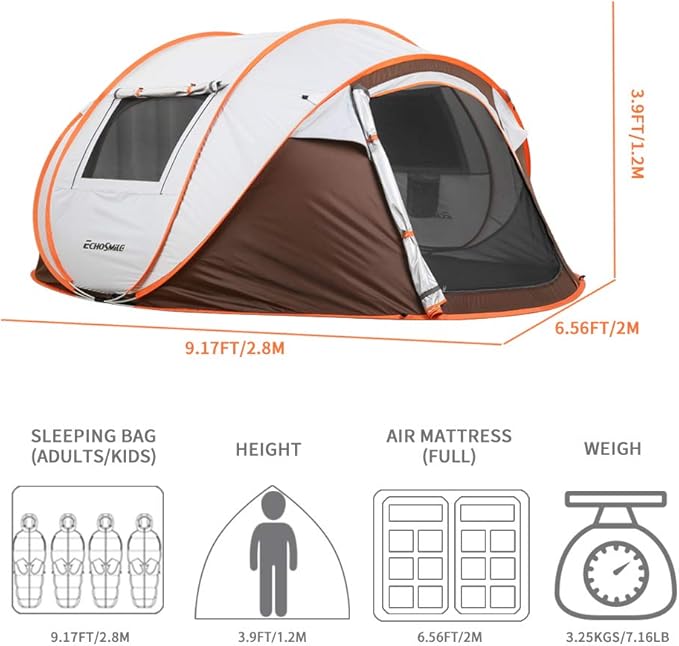 EchoSmile Instant Pop Up Camping Tent, 2/4/6 Person, Easy Setup Tent, Water Resistant Dome, Portable with Carry Bag